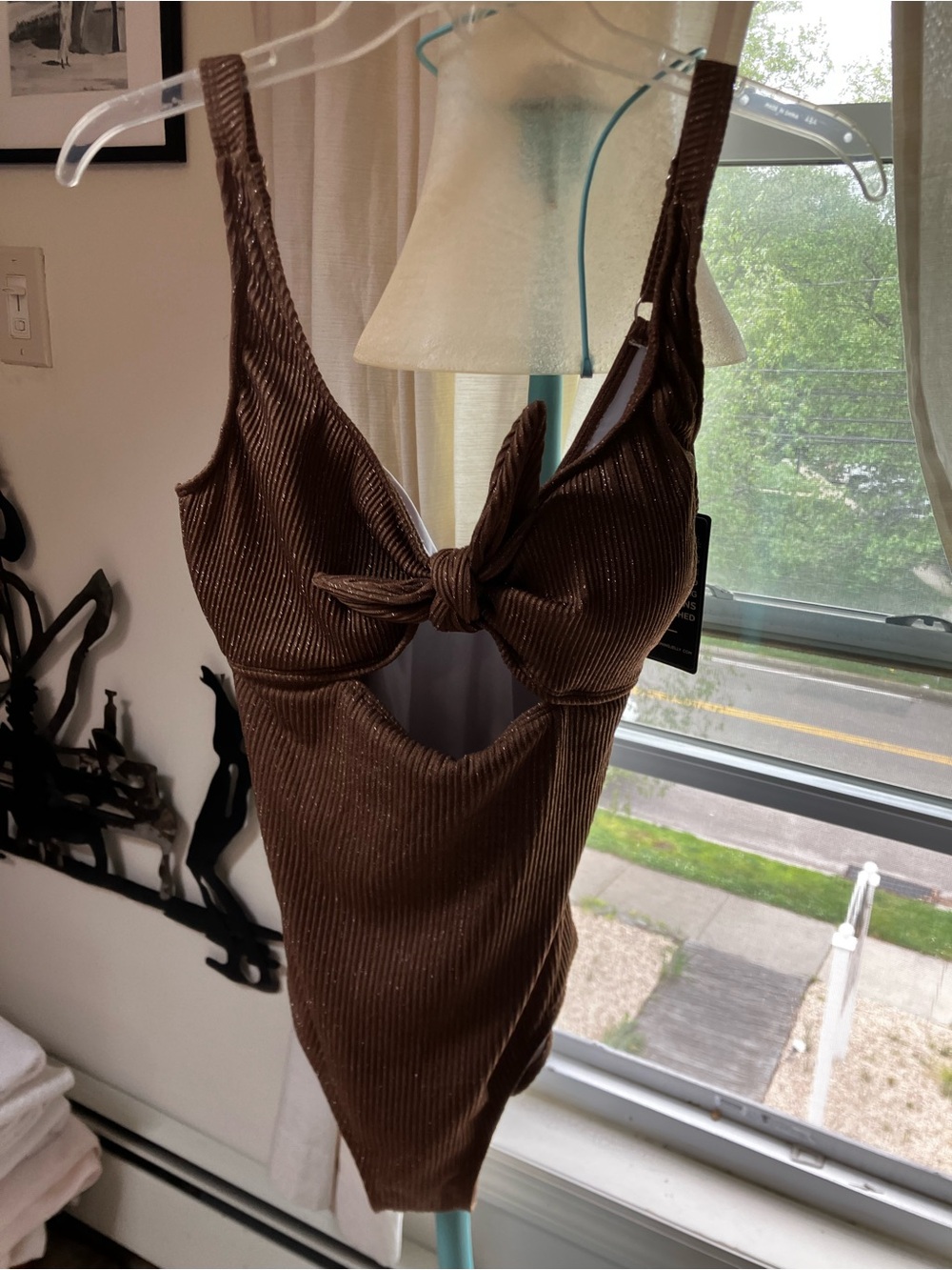 Chocolate Brown Ribbed One-Piece Swimsuit with Front Knot